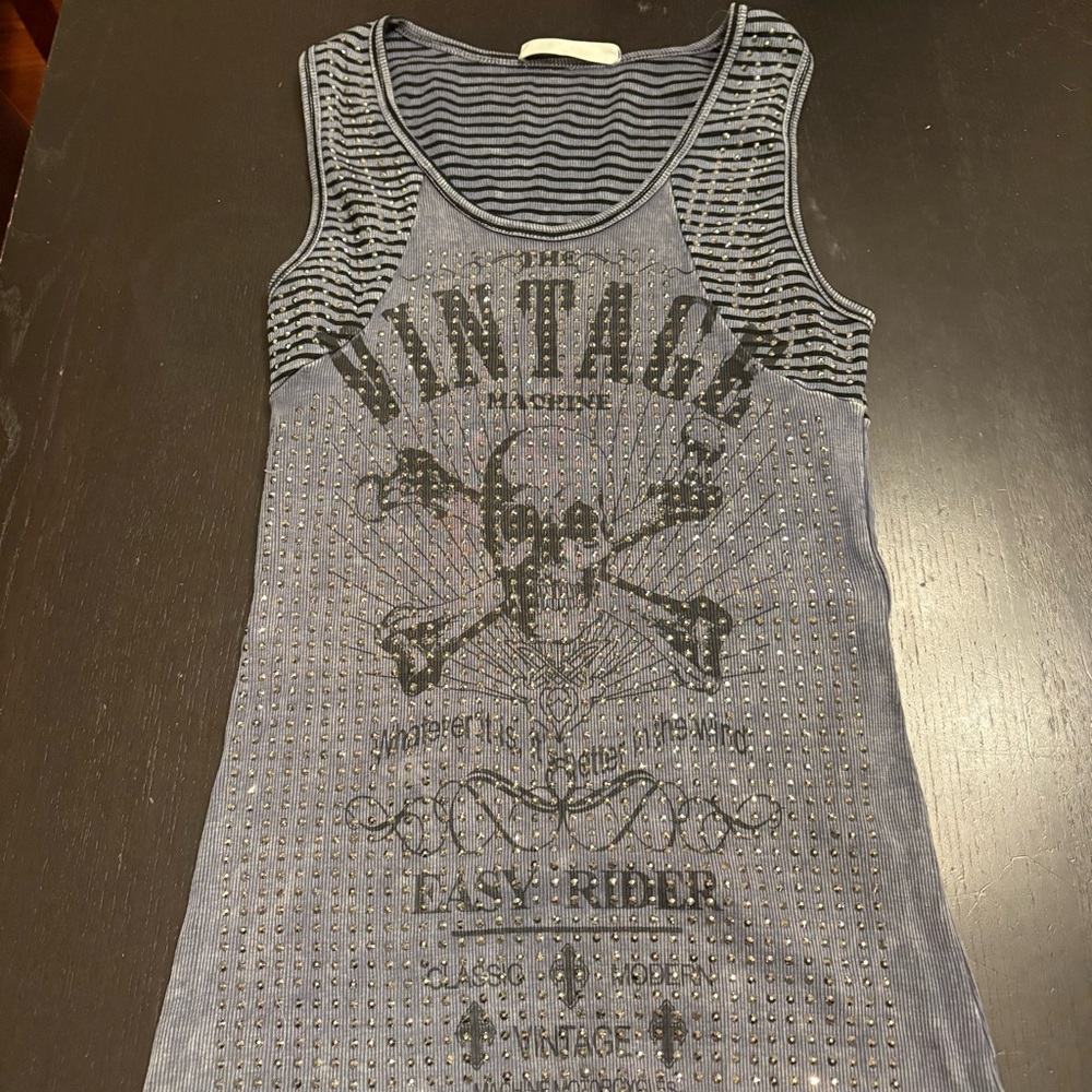 Vintage Washed Navy Gray Studded Graphic Tank Top